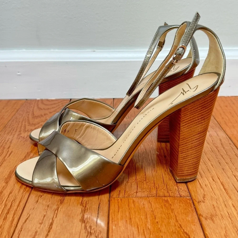 Giuseppe Zanotti strapped‎ bronze and wood block heels size 39.5